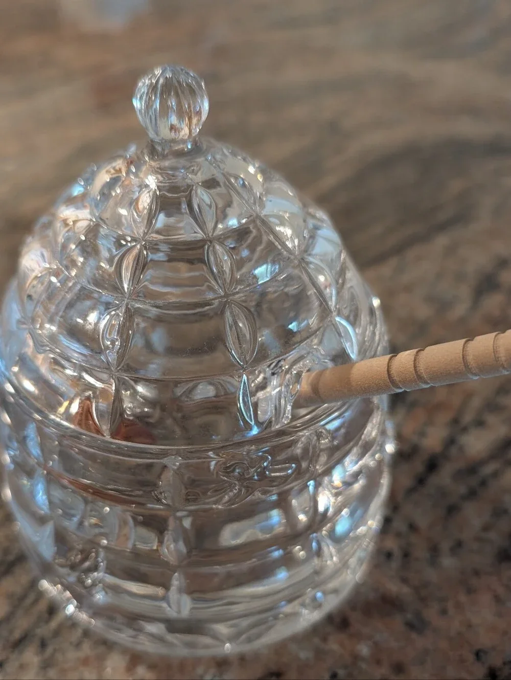 Crystal Glass Honey Jar with Wooden Dipper - Clear